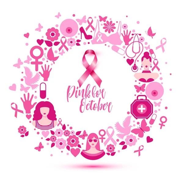 Banner Ilustração do câncer de mama para outubro mês de conscientização. Ícone em weath . — Vetor de Stock