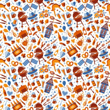 Oktoberfest kusursuz yüzey deseni. Beyaz arkaplanda bira festivali simgesi tasarımı.