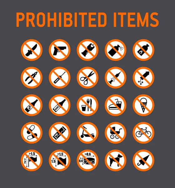 Prohibition signs collection security control in stadium during mass events. — Stock Vector