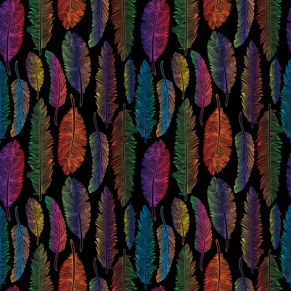 Gökkuşağı tüylerinin kusursuz deseni. Siyah üzerine kabile tarzının vektör çizimi..