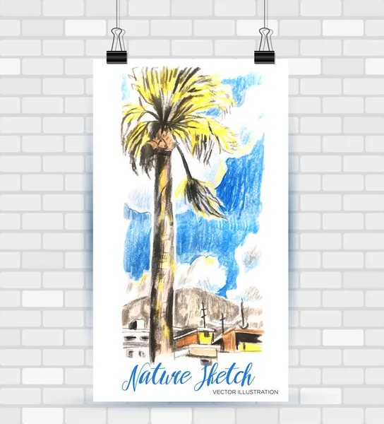 Sketching illustration in vector format. Poster with beautiful palm on the beach . Hand drawn illustration. — Stock Vector
