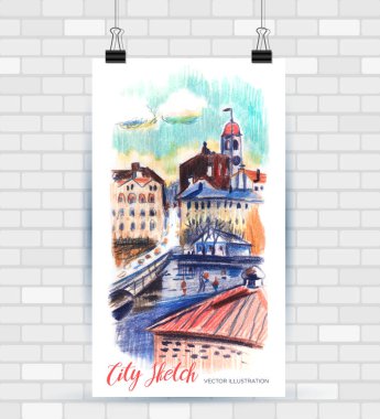 Vektör biçiminde çizim çizimi. Güzel peyzaj ve kentsel unsurları ile Poster. Elle çizilmiş illüstrasyon.