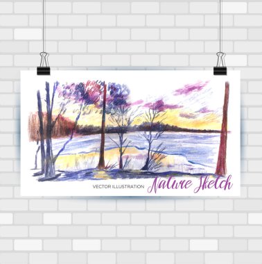 Vektör biçiminde çizim yapılıyor. Ağaçlı güzel manzaralı bir poster. El çizimi illüstrasyon.