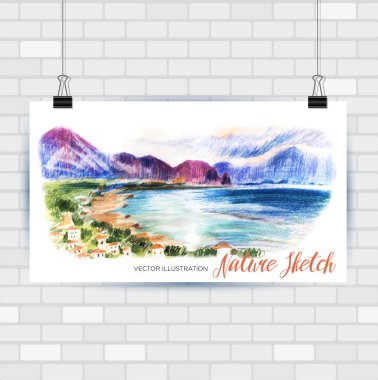 Vektör biçiminde çizim yapılıyor. Güzel deniz manzaralı bir poster. El çizimi illüstrasyon.