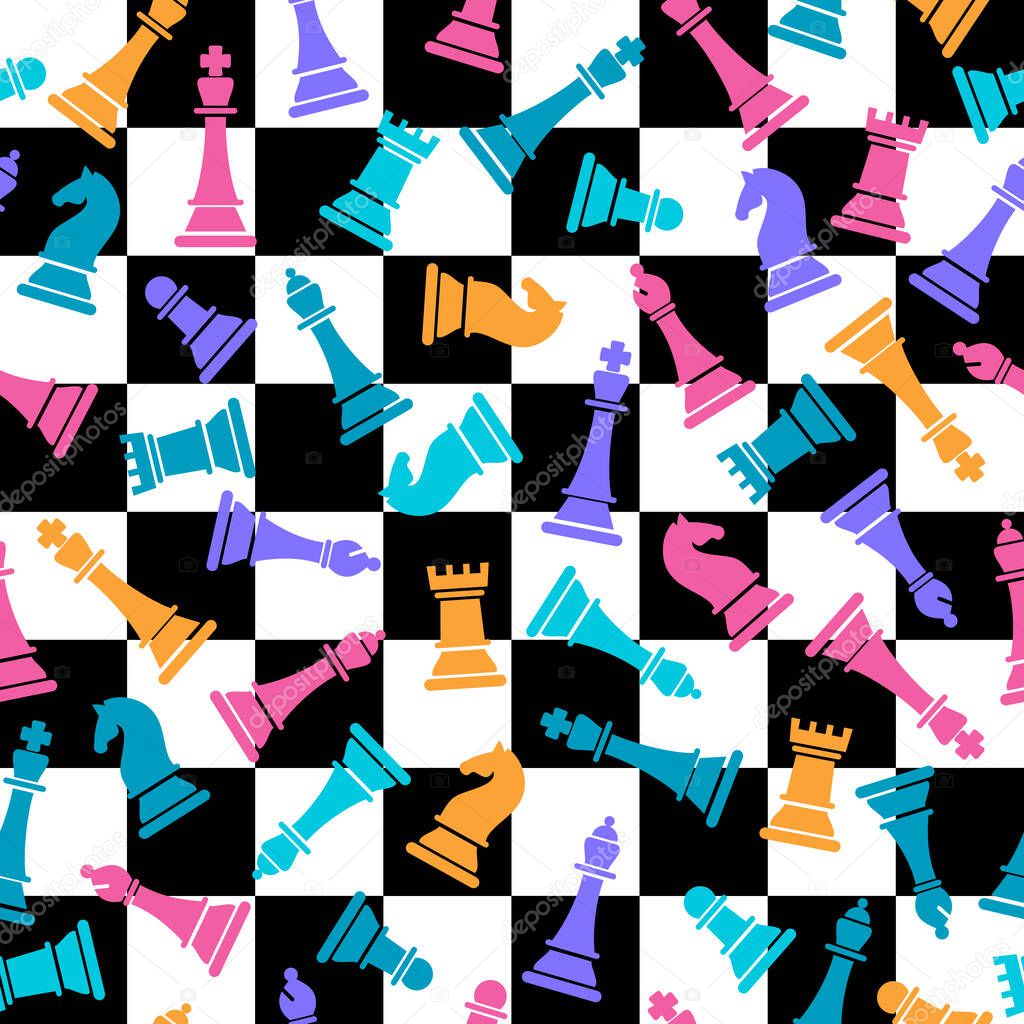 Seamless vector pattern with colored chess on checkered chess background. Chess pieces seamless print. Vector illustration set of chess pieces. Background of chess game.