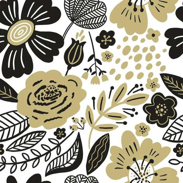 Vector florales nahtloses Muster in den Farben Gold und Schwarz. Flache Blüten, Blütenblätter, Blätter mit und Kritzelelementen. Botanischer Hintergrund im Collage-Stil für Textilien und Oberfläche. Ausschnittpapierdesign. — Stockvektor