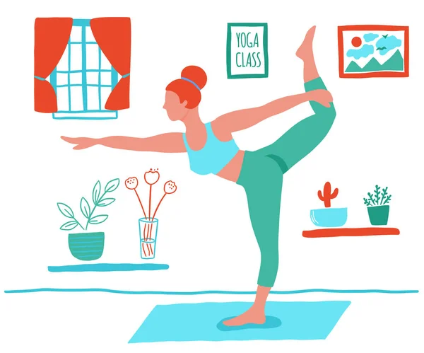 Vrouwen oefenen yoga thuis platte kleur trend vector. Blijf thuis yoga meditatie praktijk cartoon stijl. Trainen workout achtergrond. Gezonde levensstijl ochtend fitness activiteiten foto 's. — Stockvector