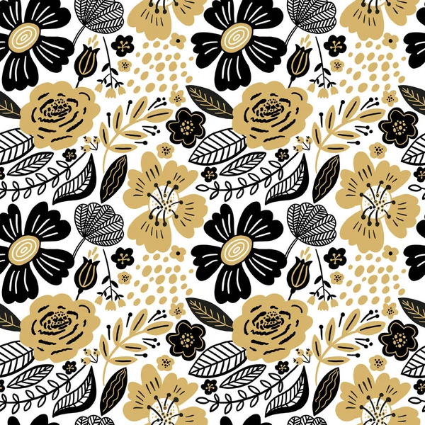 Vector floral seamless pattern gold and black colors. Flat flowers, petals, leaves with and doodle elements. Collage style botanical background for textile and surface. Cutout paper design. — Stock Vector