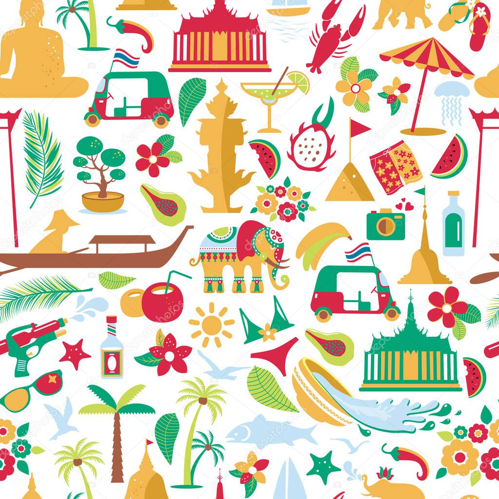 Asia Culture set of bruight icons in seamless pattern - Bangkok Thailand Vector Illustration on white background.