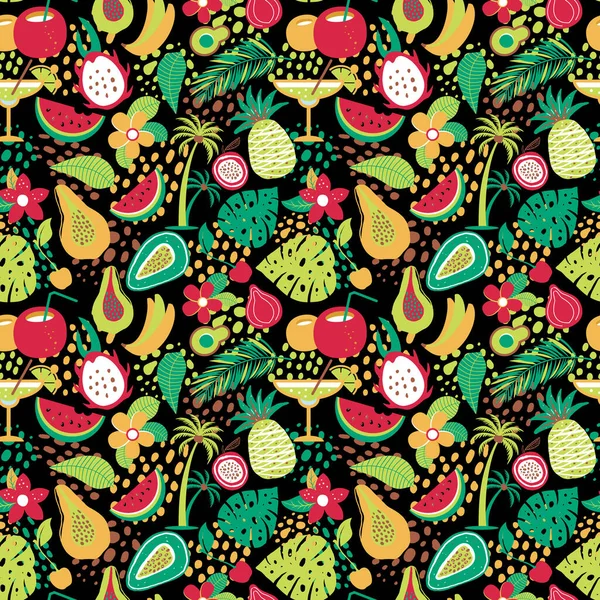 Modèle hawaïen sans couture avec des fruits tropicaux et des fleurs. Illustration vectorielle impression de surface sur fond noir. — Image vectorielle