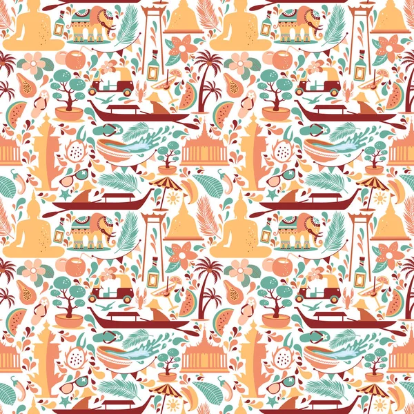 Asie Culture ensemble d'icônes bruyantes en motif sans couture - Bangkok Thaïlande Illustration vectorielle sur fond blanc. — Image vectorielle