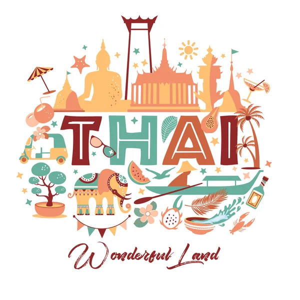 Sammlung von Thailand-Symbolen mit Text. Vektorplakat. Postkarte in Trendfarbe. Reiseillustration. Web-Banner von Reisen mit Buchstaben. — Stockvektor