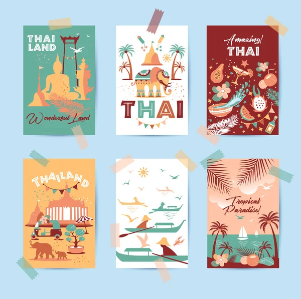 Sammlung von Thailand-Symbolen in sechs Karten. Vektorplakat. Postkarte in Trendfarbe. Reiseillustration. Web-Banner des Reisens in unterschiedlicher Zusammensetzung. — Stockvektor