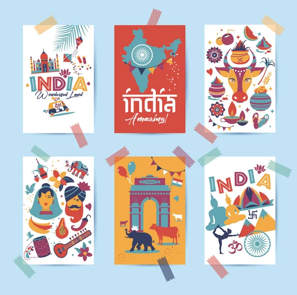 India set Azië land vector Indiase architectuur Aziatische tradities boeddhisme reizen geïsoleerde pictogrammen en symbolen in 6 kaarten. — Stockvector