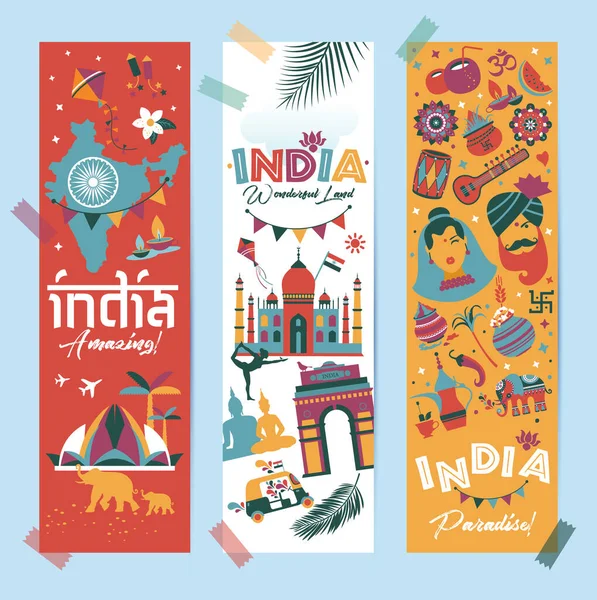 India set Azië land vector Indiase architectuur Aziatische tradities boeddhisme reizen geïsoleerde pictogrammen en symbolen in 3 verticale banners. — Stockvector
