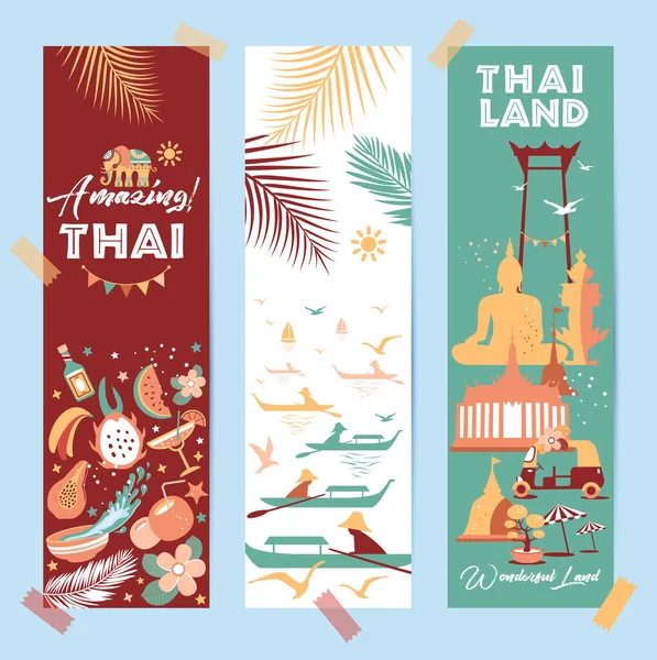 以横幅形式收集泰国符号。病媒海报。明信片的流行色彩。旅行说明。不同成分旅行的网页横幅. — 图库矢量图片