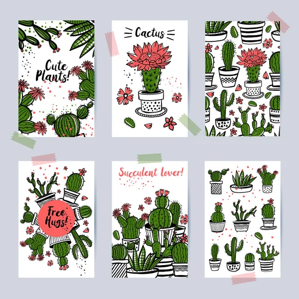 Hermosas tarjetas decorativas con cactos y suculentas, tarjetas vectoriales temolates perfecto para invitaciones, celebraciones, estacionario, patrón decorativo sin costuras. — Archivo Imágenes Vectoriales