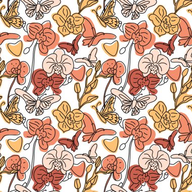 Orkideler ve kelebekler, elle çizilmiş soyut şekillerle kusursuz arka plan desenleri oluştururlar. Beyaz üzerine vektör eğilimi renk çizimi. İçerik çizimi.