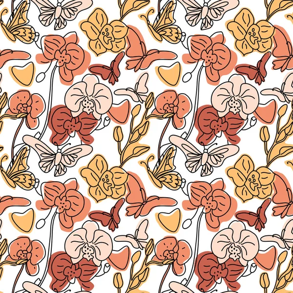 Orkideler ve kelebekler, elle çizilmiş soyut şekillerle kusursuz arka plan desenleri oluştururlar. Beyaz üzerine vektör eğilimi renk çizimi. İçerik çizimi.