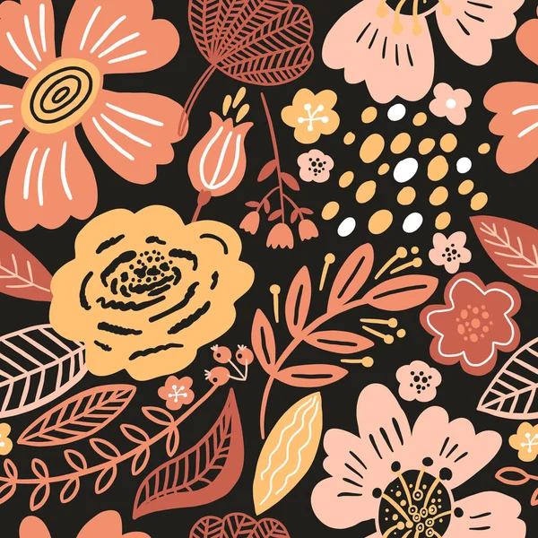 Vector florales nahtloses Muster schwarze Farben Herbst. Flache Blüten, Blütenblätter, Blätter mit und Kritzelelementen. Botanischer Hintergrund im Collage-Stil für Textilien und Oberfläche. Ausschnittpapierdesign. — Stockvektor