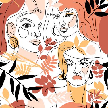Seamless Pattern of Womans Face Minimal Line Style ol-line drawing. Abstract Contemporary color collage of geometric shapes in a modern trendy style. Vector female Portrait. Beauty Concept, t-Shirt clipart