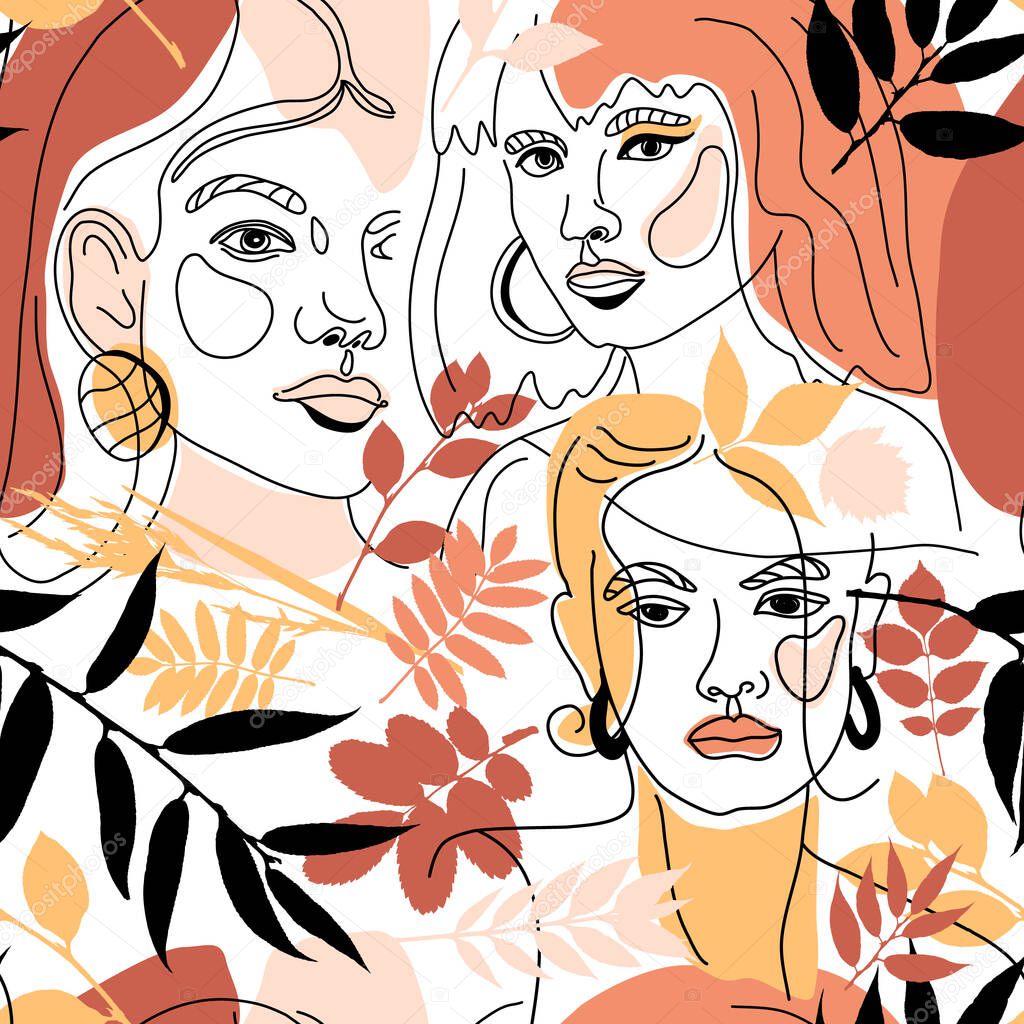 Seamless Pattern of Womans Face Minimal Line Style ol-line drawing. Abstract Contemporary color collage of geometric shapes in a modern trendy style. Vector female Portrait. Beauty Concept, t-Shirt