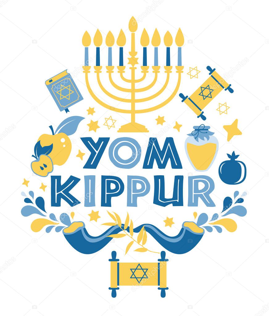 Yom Kippur greeting card with candles, apples and shofar and sybols. Jewish holiday background. Vector illustration on white.