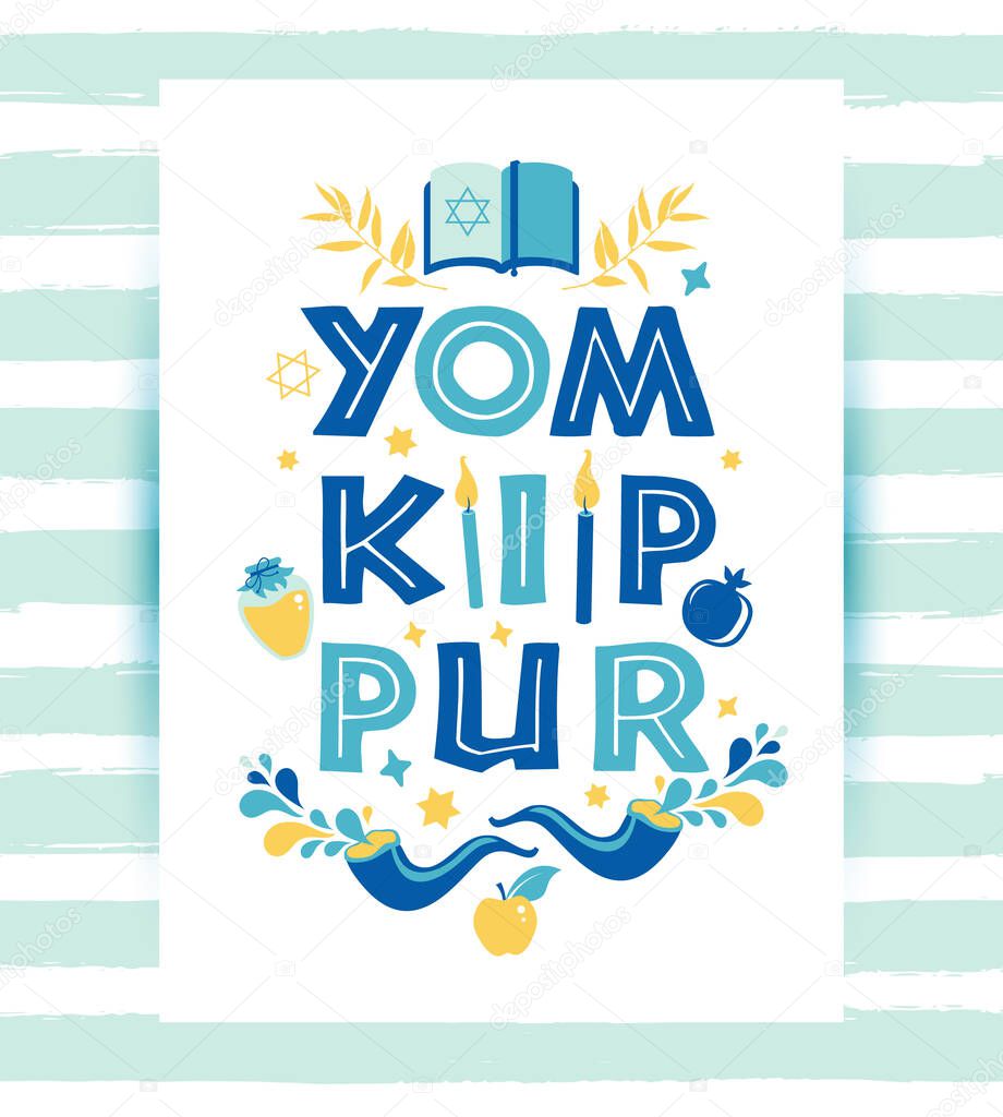 Yom Kippur greeting card with candles, apples and shofar and sybols. Jewish holiday background. Vector illustration on white.