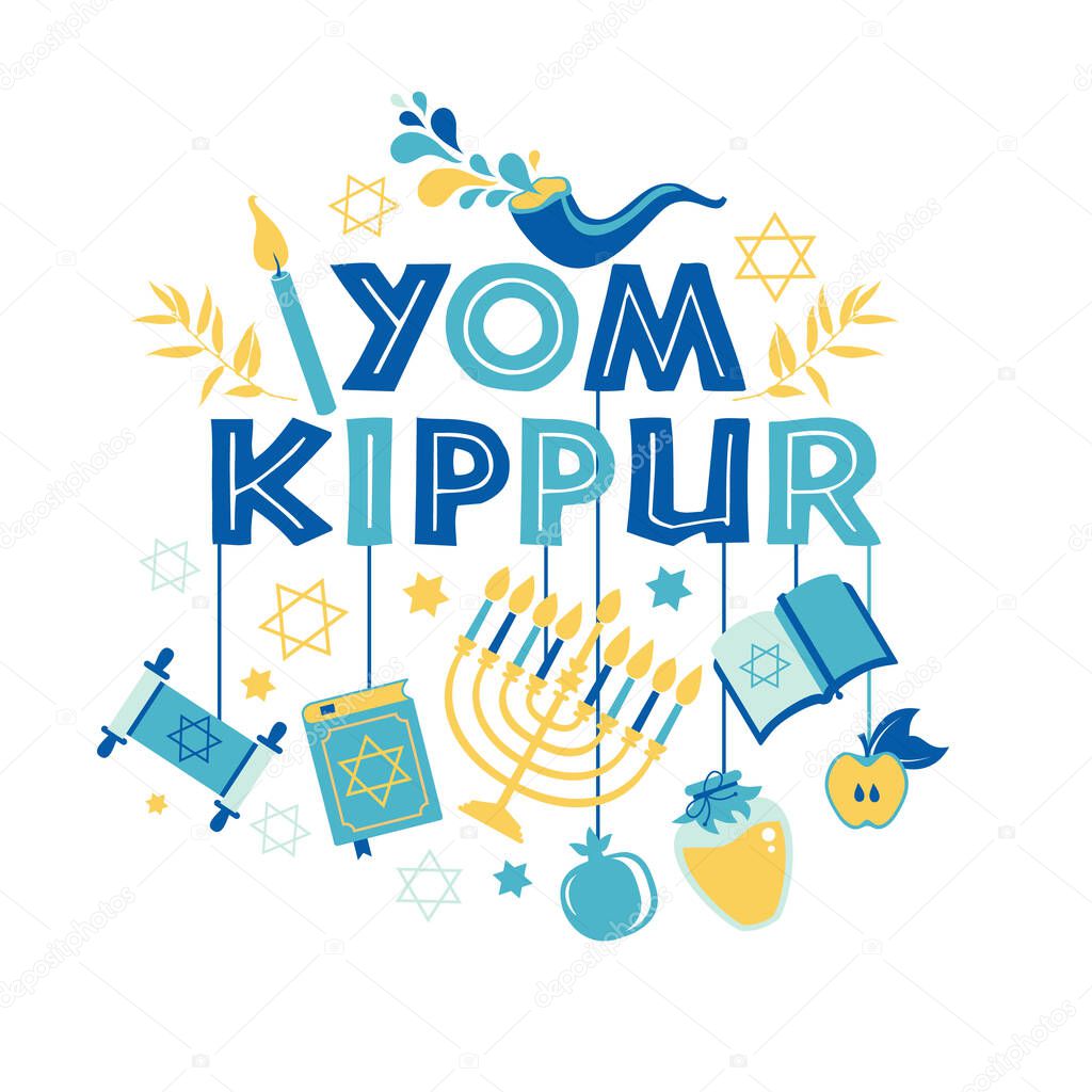 Yom Kippur greeting card with candles, apples and shofar. Jewish holiday background. Vector illustration.