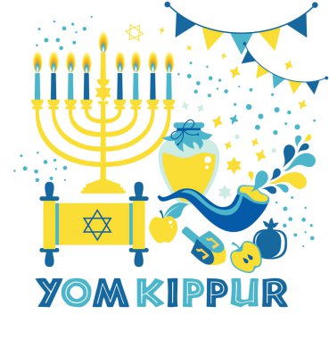 Kefaret kartı, mumlar, elmalar, şamandıralar ve semboller. Yahudi bayramı geçmişi. Beyaz üzerine vektör illüstrasyonu. Kefaret Günü 'nün İngilizce çevirisi.