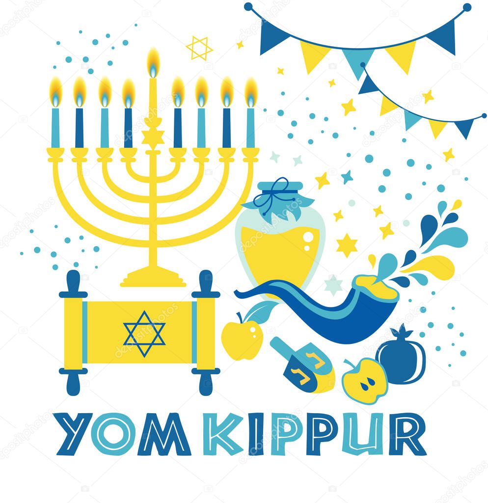 Yom Kippur greeting card with candles, apples and shofar. Jewish holiday background. Vector illustration.