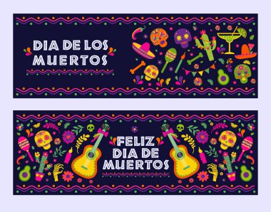Dias de los Muertos typography banners vector. Mexico design for fiesta cards or party invitation, poster. Flowers traditional mexican frame with floral letters on dark background. clipart
