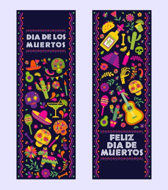 Dias de los Muertos tipografi sancakları vektörü. Meksika tasarımı Fiesta kartları ya da parti davetiyeleri için, poster. Geleneksel Meksika çiçekleri. Koyu arkaplanda çiçek harfleri var..