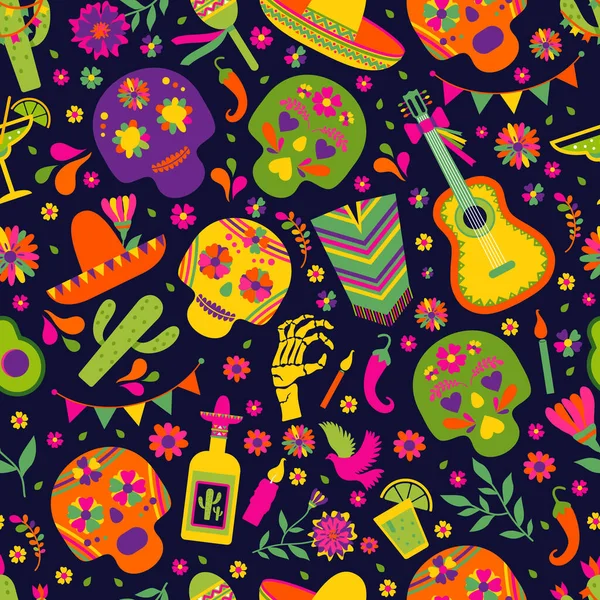 Seamless vector pattern with mexican elements - guitar, sombrero, tequila, taco, skull on dark. Perfect artistic background for your design. — Stock Vector