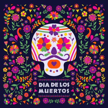 Dias de los Muertos typography banner vector. Mexico design for fiesta cards or party invitation, poster. Flowers traditional mexican frame with floral letters on dark background. Feast of death. clipart