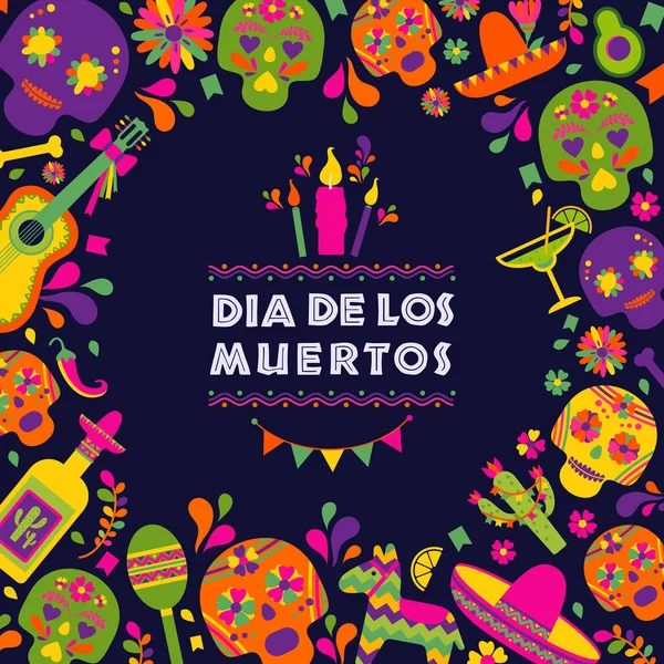 Dias de los Muertos tipografia banner vector. Em inglês Feast of death.México design for fiesta cards or party invitation, poster. Flores moldura mexicana tradicional com letras florais no escuro — Vetor de Stock