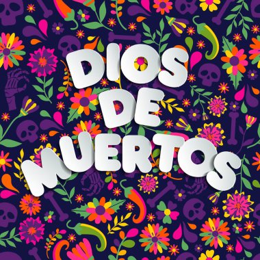 Dias de los Muertos typography banner vector. In English- Feast of death. Mexico design for fiesta cards or party invitation, poster. Flowers traditional mexican frame with floral letters on dark clipart