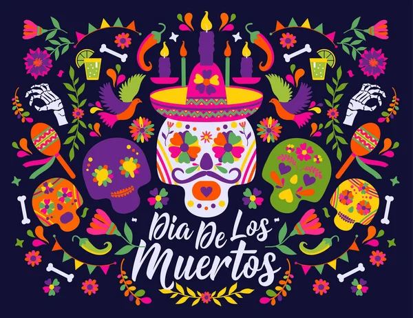 Dias de los Muertos typografi banner vektor. På engelska dödshögtiden. Mexiko design för fiesta kort eller fest inbjudan, affisch. Blommor traditionella mexikanska ram med blommor bokstäver på mörk — Stock vektor