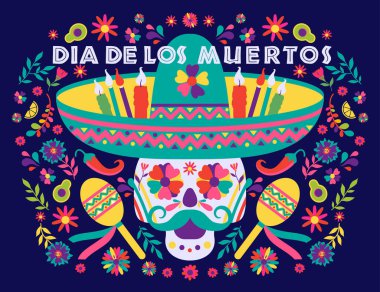 Dias de los Muertos trend flat banner vector. In English Feast of death. Mexico design for fiesta cards or party invitation, poster. Flowers traditional mexican frame with floral letters on dark clipart