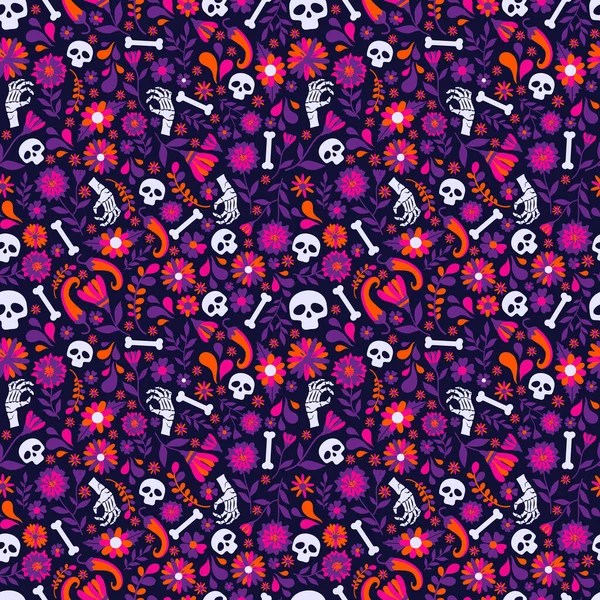 Seamless vector pattern with mexican elements. Perfect artistic background for your design. Dias de los muertos. Translate-Feast of death. — Stock Vector