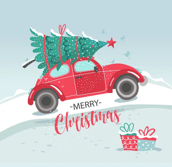 Image vectorielle avec voiture rouge et sapin de Noël. Photo de Noël. Un pick-up rouge. Nouvel an illustration service de livraison. — Image vectorielle