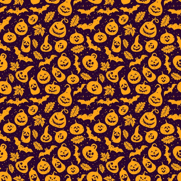 Abstraktní bezešvé halloween vzor Kreativní vektorové pozadí s netopýrem, list dýně. Vtipný vzor pro textil a tkaniny. Barevný jasný obrázek na povrchu. — Stockový vektor