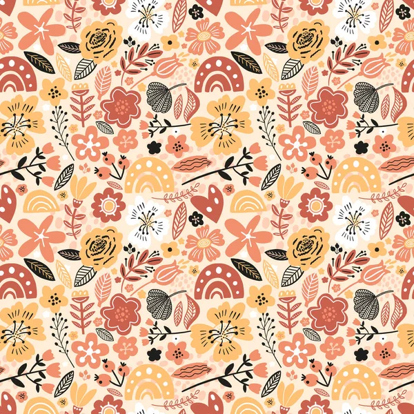 Vecteur floral sans couture motif blanc couleurs automne. Fleurs plates, pétales, feuilles et éléments de gribouillage. Style collage fond botanique pour le textile et la surface. Conception de papier découpé. — Image vectorielle