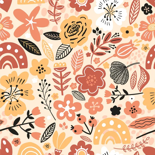 Vector bloemen naadloos patroon witte kleuren herfst. Platte bloemen, bloemblaadjes, bladeren met en doodle elementen. Collage stijl botanische achtergrond voor textiel en oppervlak. Ontwerp van uitgesneden papier. — Stockvector