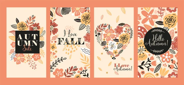 Banner floral vectorial para historias de redes sociales, ilustración de otoño de venta. Flores planas, pétalos, hojas de garabatos. Uso para la invitación al evento, cupón de descuento, publicidad. Estilo collage botánico — Archivo Imágenes Vectoriales