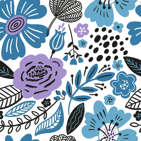 Vector floral sin costura patrón blanco colores invierno. Flores planas, pétalos, hojas con elementos garabatos. Fondo botánico estilo collage para textil y superficie. Diseño de papel recortado. — Vector de stock