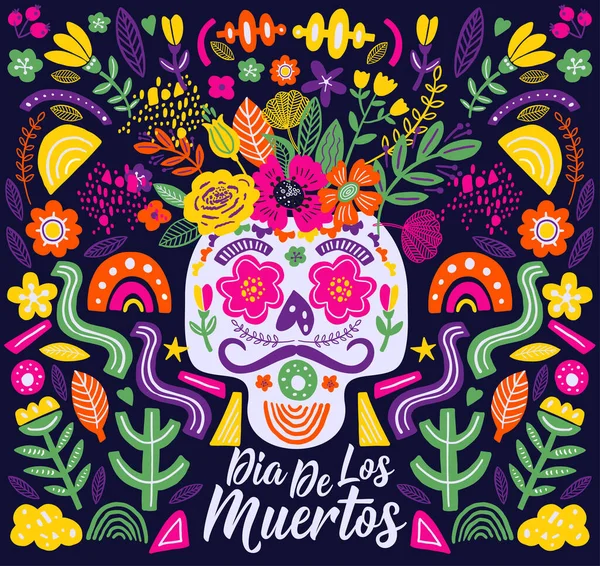 Dias de los Muertos排字横幅矢量。在英语中，死亡之宴。墨西哥设计的嘉年华卡片或派对邀请函，海报。花传统的墨西哥框，有花的字母在黑暗中 — 图库矢量图片