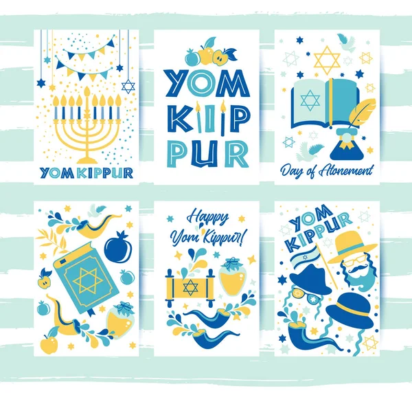 Yom Kippur greeting set cards with candles, apples and shofar and symbols. Jewish holiday background. Vector illustration on white. Translation in Enhlish of atonement day. — Stock Vector