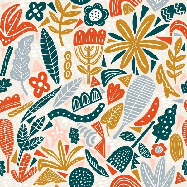 Vector bloemen naadloze patroon kleuren herfst. Platte bloemen, bloemblaadjes, bladeren met en doodle elementen. Collage stijl botanische achtergrond voor textiel en oppervlak. Ontwerp van uitgesneden papier. — Stockvector