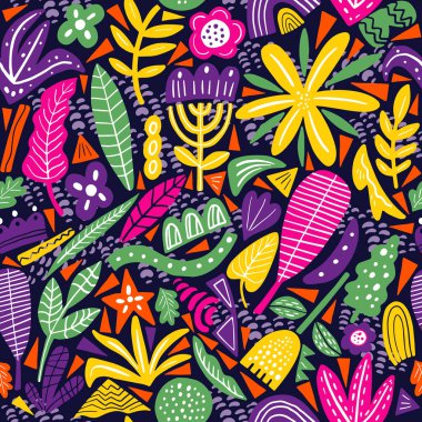 Çiçeksiz vektör desenli parlak neon renkler. Düz çiçekler, yapraklar ve karalama elementleri. Tekstil ve yüzey için kolaj stili botanik arka plan. Kesme kağıt tasarımı.